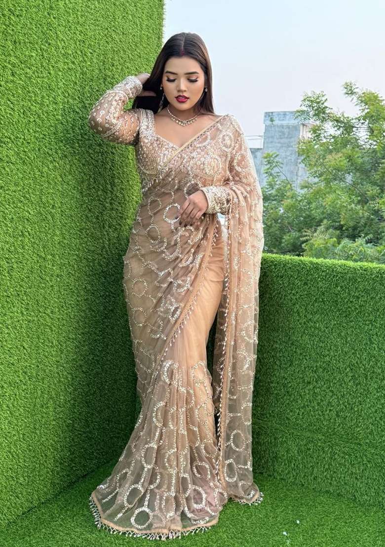 Pale Gold Embroidered Net Saree Set - Indya