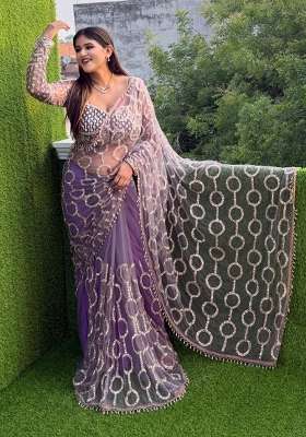 Lavender Embroidered Net Saree Set