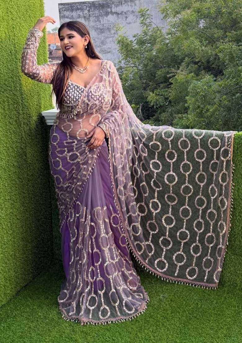 Lavender Embroidered Net Saree Set - Indya