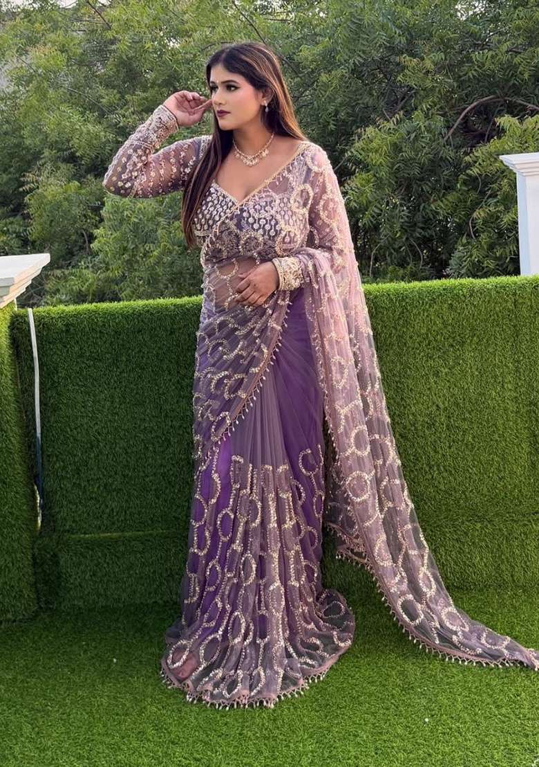 Lavender Embroidered Net Saree Set - Indya