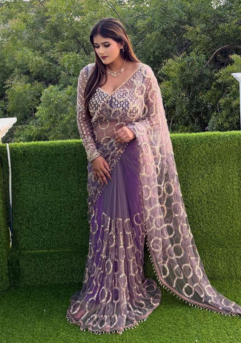 Lavender Embroidered Net Saree Set - Indya