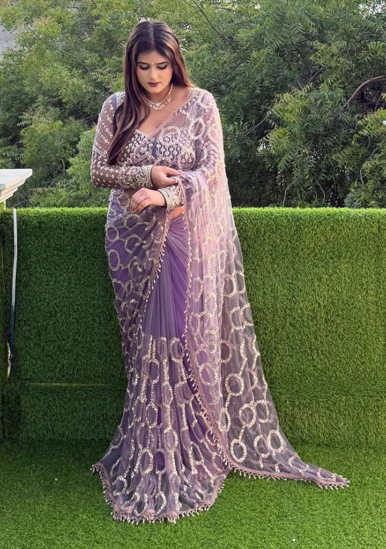 Lavender Embroidered Net Saree Set - Indya