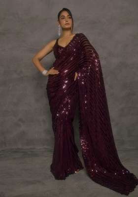 Deep Wine Embroidered Georgette Saree Set