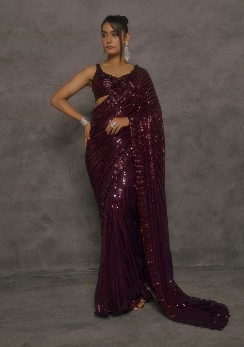 Deep Wine Embroidered Georgette Saree Set - Indya