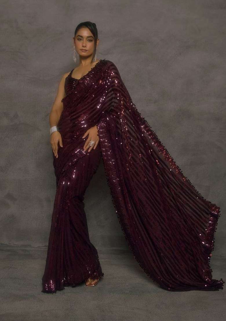Deep Wine Embroidered Georgette Saree Set - Indya