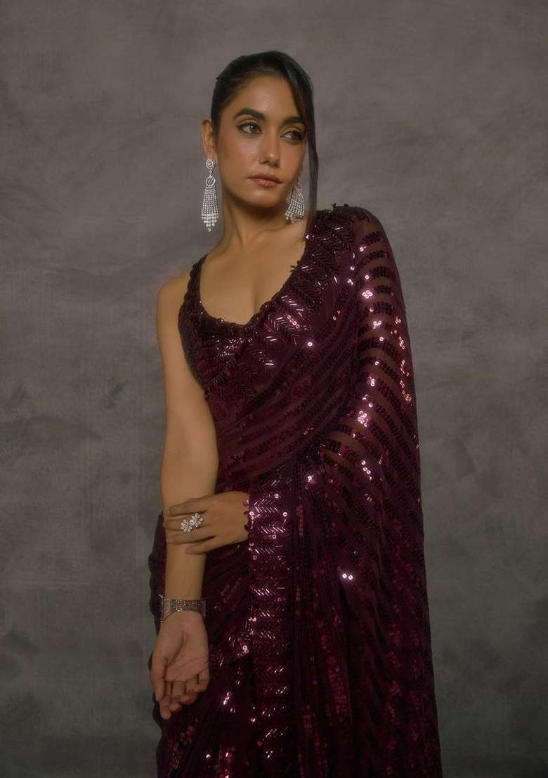 Deep Wine Embroidered Georgette Saree Set - Indya