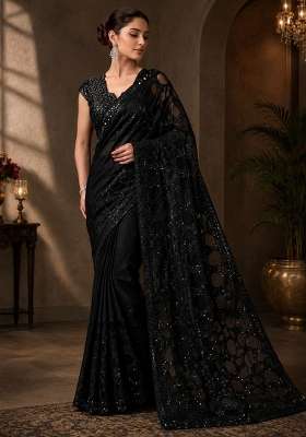 Coal Black Embroidered Net Saree Set