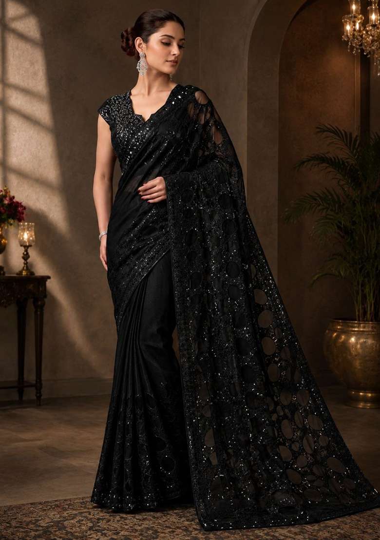 Coal Black Embroidered Net Saree Set - Indya