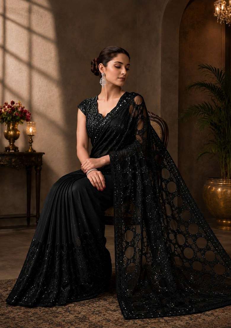 Coal Black Embroidered Net Saree Set - Indya