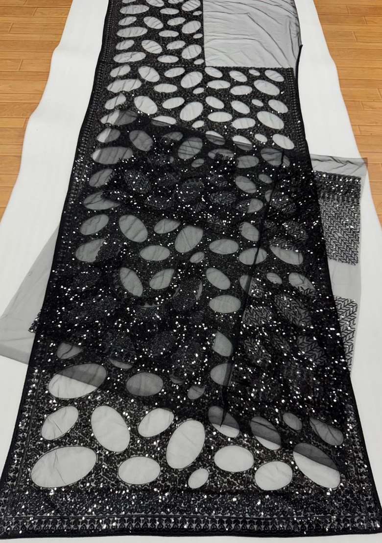 Coal Black Embroidered Net Saree Set - Indya