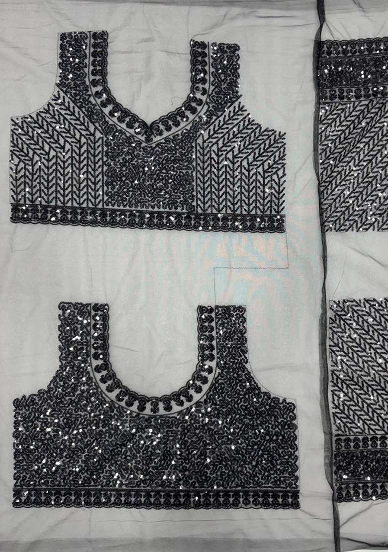 Coal Black Embroidered Net Saree Set - Indya