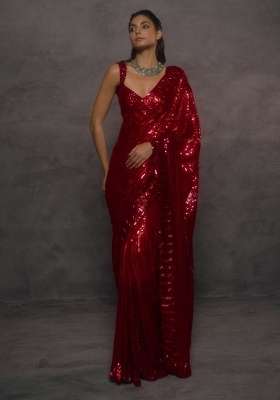 Crimson Red Embroidered Georgette Saree Set