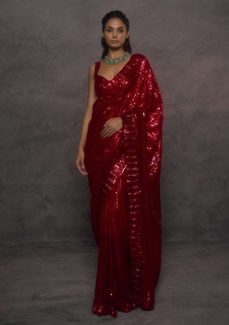 Crimson Red Embroidered Georgette Saree Set - Indya