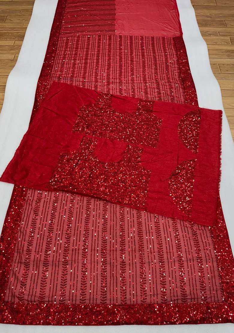 Crimson Red Embroidered Georgette Saree Set - Indya