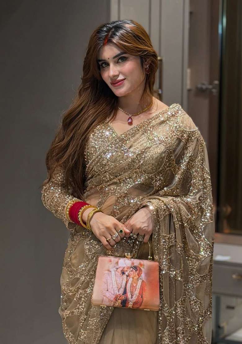 Rose Gold Embroidered Net Saree Set - Indya
