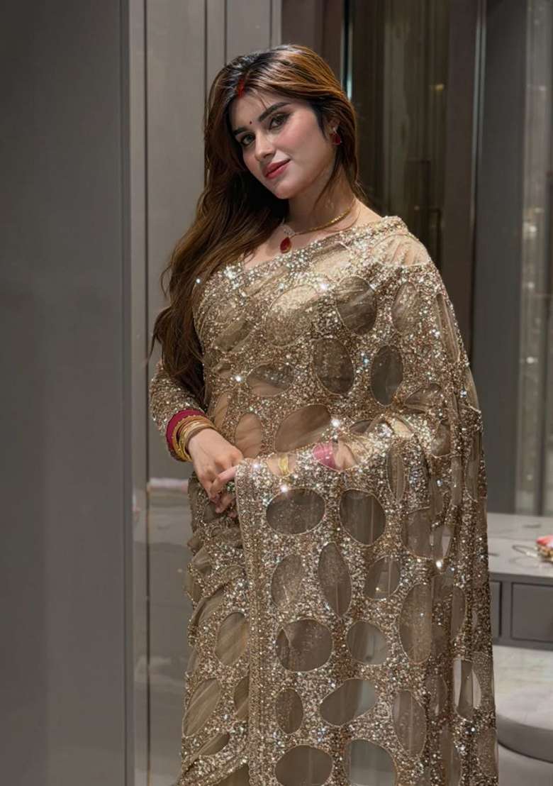 Rose Gold Embroidered Net Saree Set - Indya