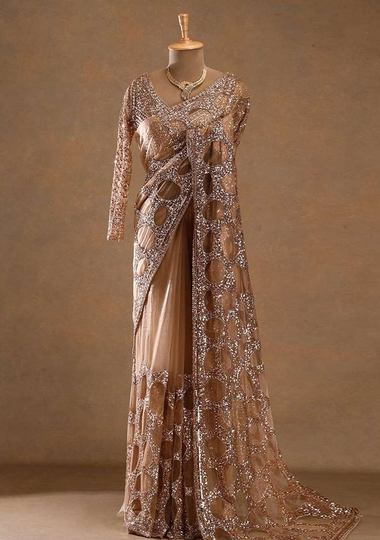 Rose Gold Embroidered Net Saree Set - Indya