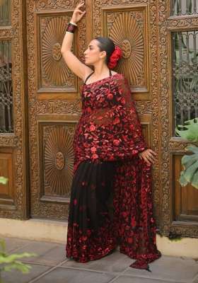 Black And Red Embroidered Georgette Saree Set