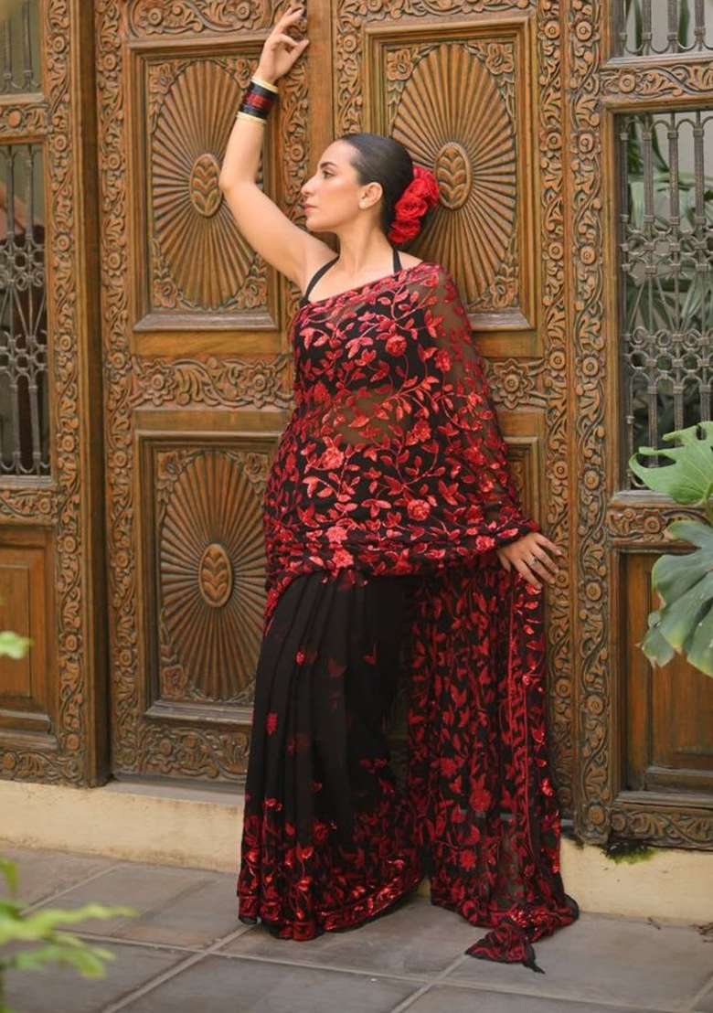 Black And Red Embroidered Georgette Saree Set - Indya