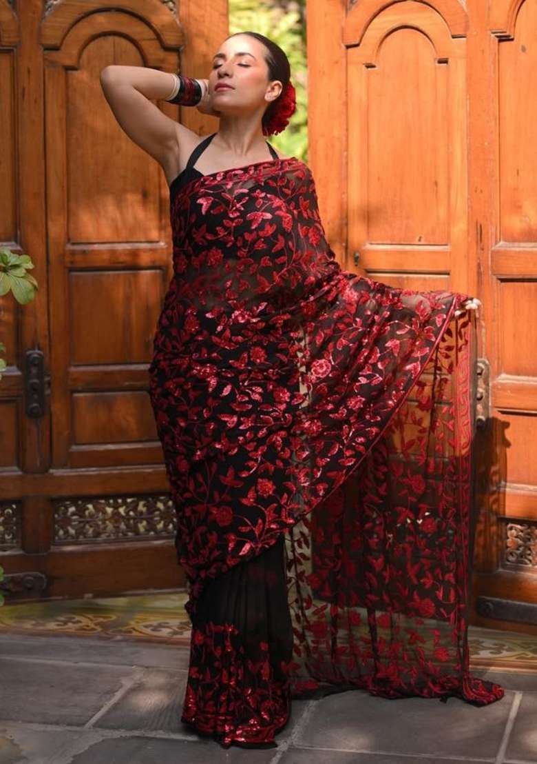 Black And Red Embroidered Georgette Saree Set - Indya