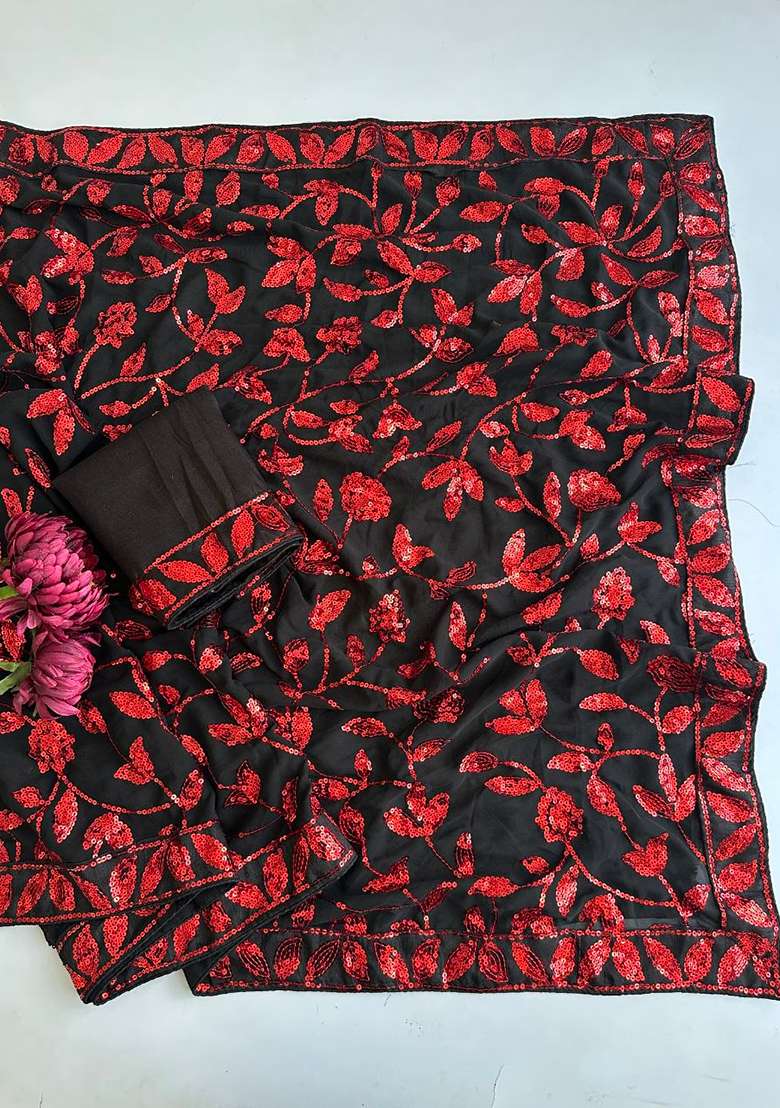 Black And Red Embroidered Georgette Saree Set - Indya