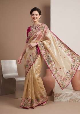 Beige Floral Print Jimmy Choo Saree Set
