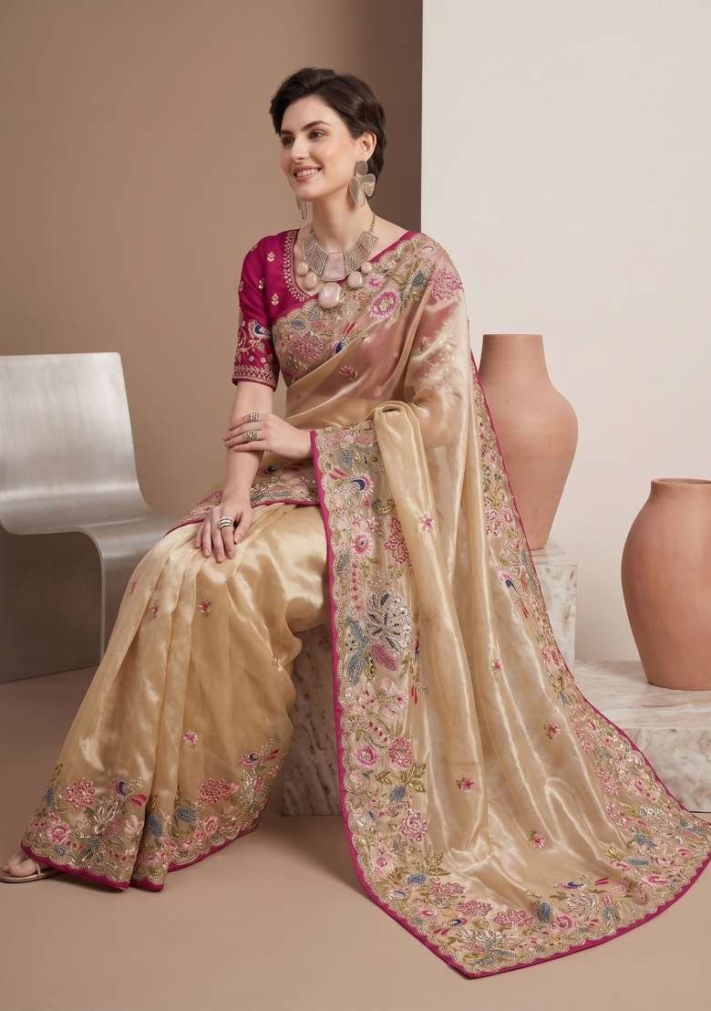 Beige Floral Print Jimmy Choo Saree Set - Indya