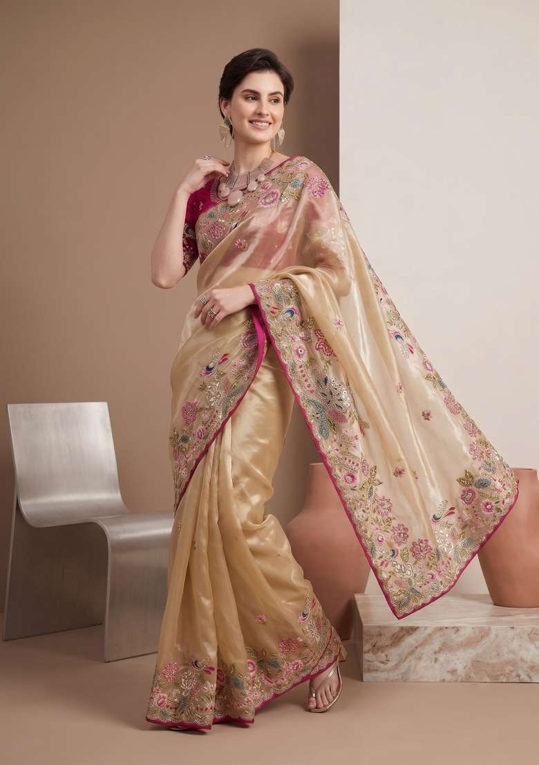 Beige Floral Print Jimmy Choo Saree Set - Indya
