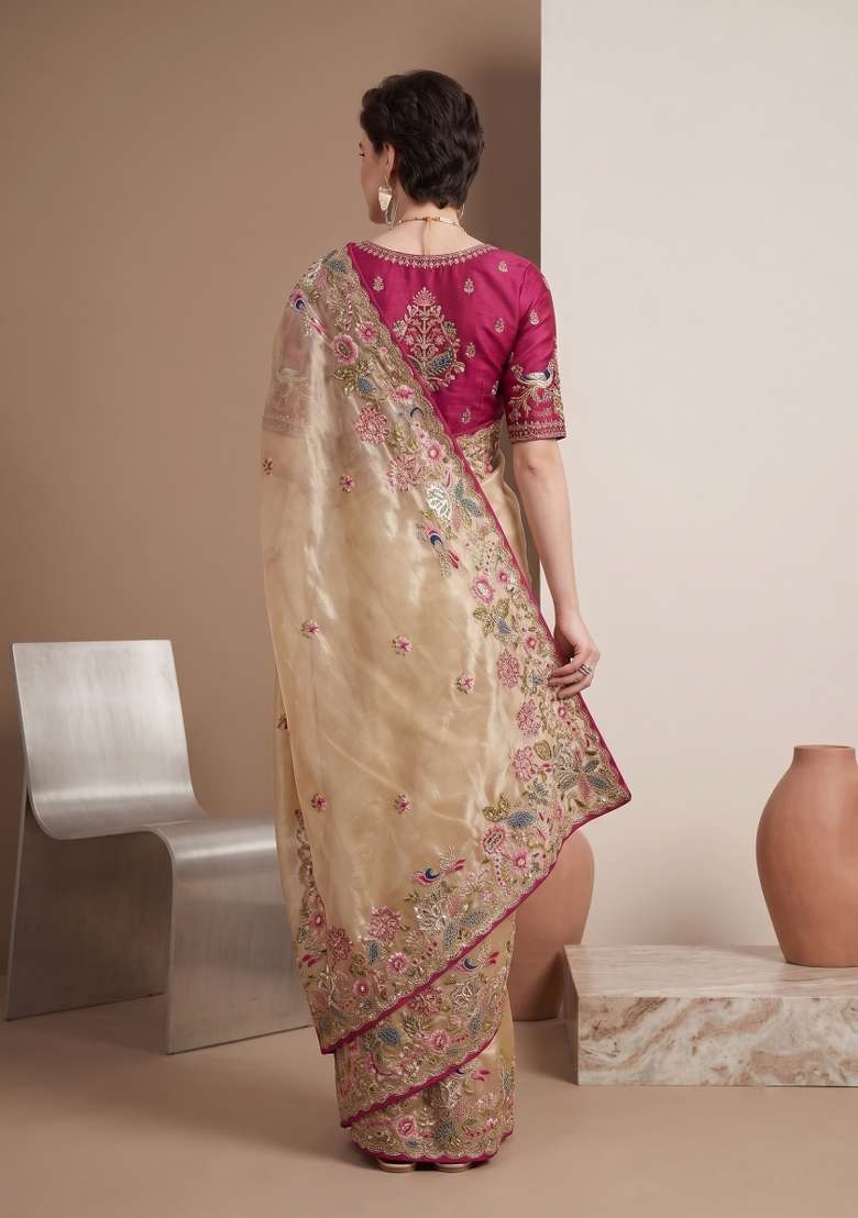Beige Floral Print Jimmy Choo Saree Set - Indya