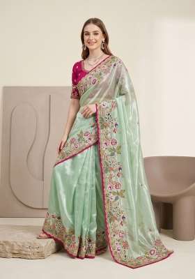 Pista Green Floral Print Jimmy Choo Saree Set