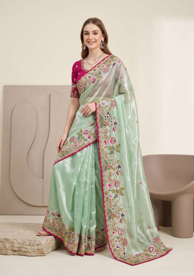 Pista Green Floral Print Jimmy Choo Saree Set - Indya