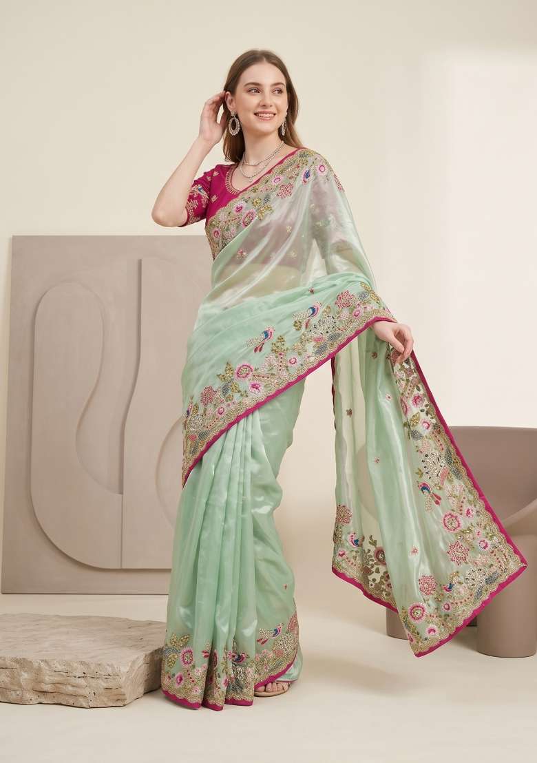 Pista Green Floral Print Jimmy Choo Saree Set - Indya