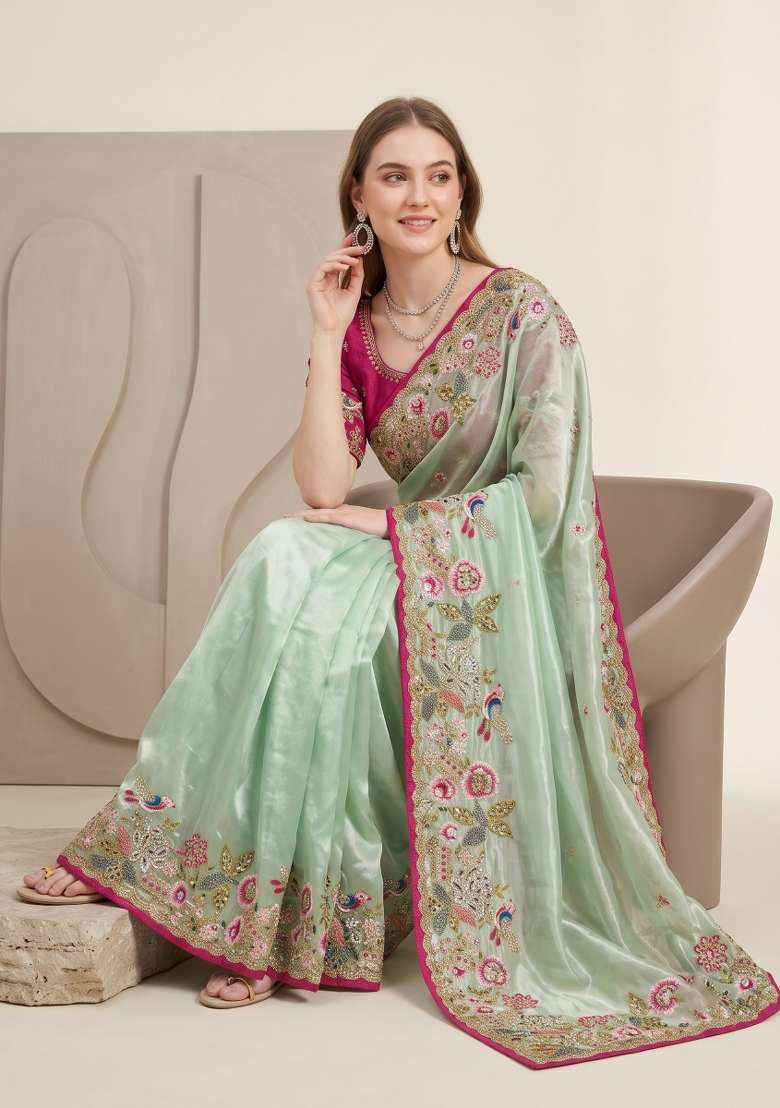 Pista Green Floral Print Jimmy Choo Saree Set - Indya