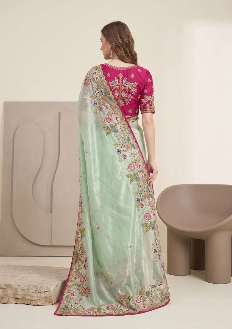 Pista Green Floral Print Jimmy Choo Saree Set - Indya