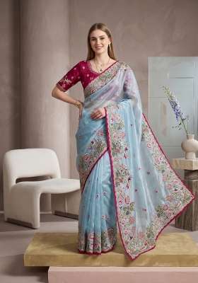 Sky Blue Floral Print Jimmy Choo Saree Set