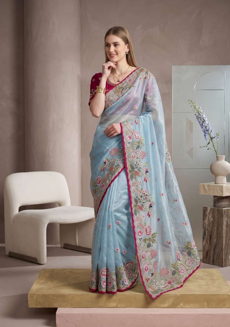 Sky Blue Floral Print Jimmy Choo Saree Set - Indya