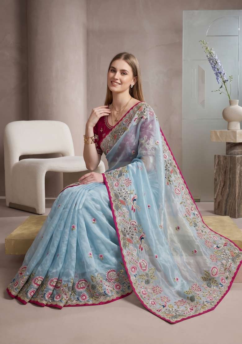 Sky Blue Floral Print Jimmy Choo Saree Set - Indya