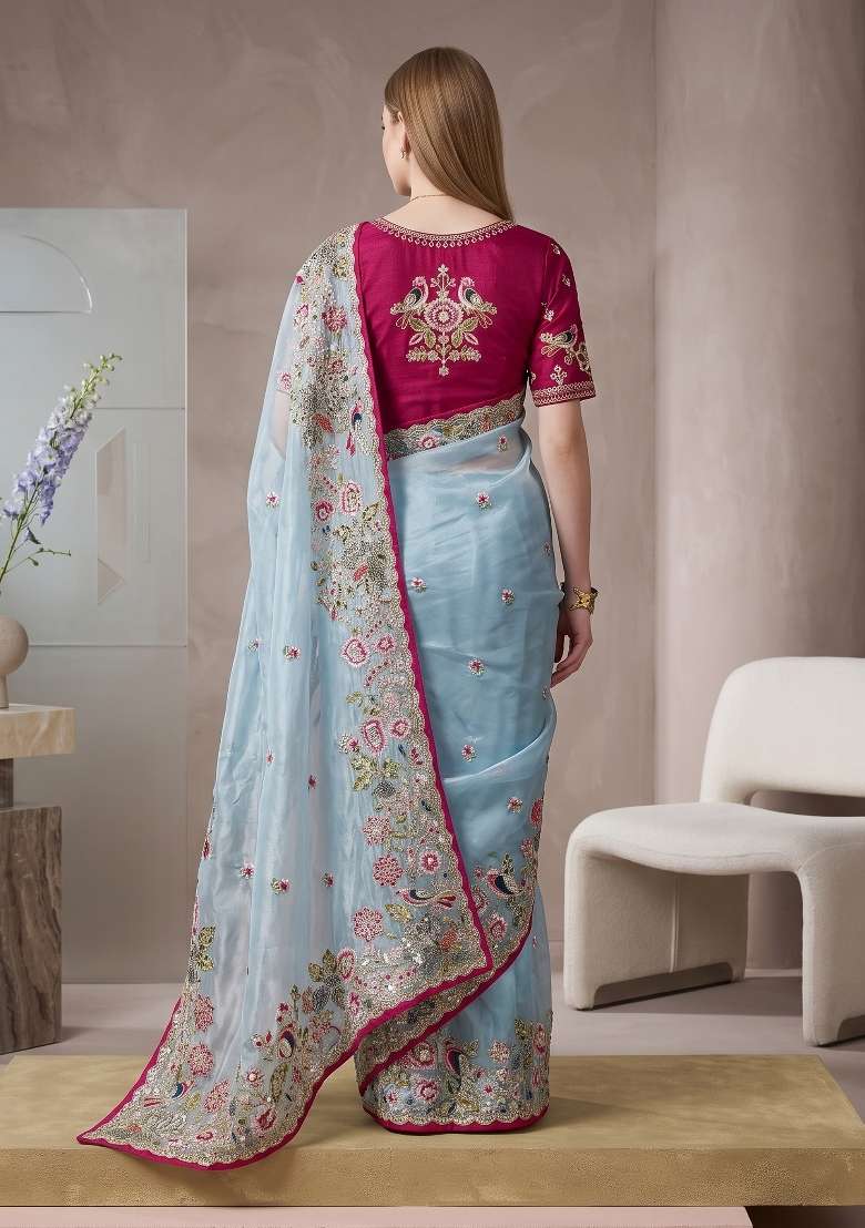 Sky Blue Floral Print Jimmy Choo Saree Set - Indya