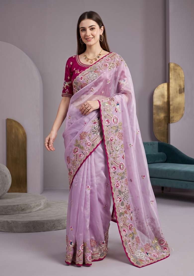 Lavender Floral Print Jimmy Choo Saree Set - Indya