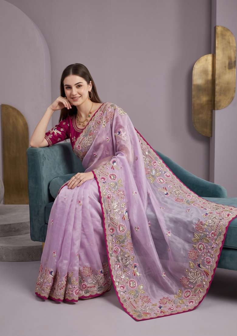 Lavender Floral Print Jimmy Choo Saree Set - Indya