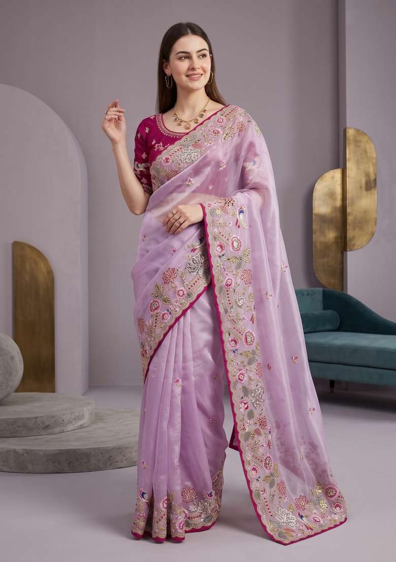 Lavender Floral Print Jimmy Choo Saree Set - Indya