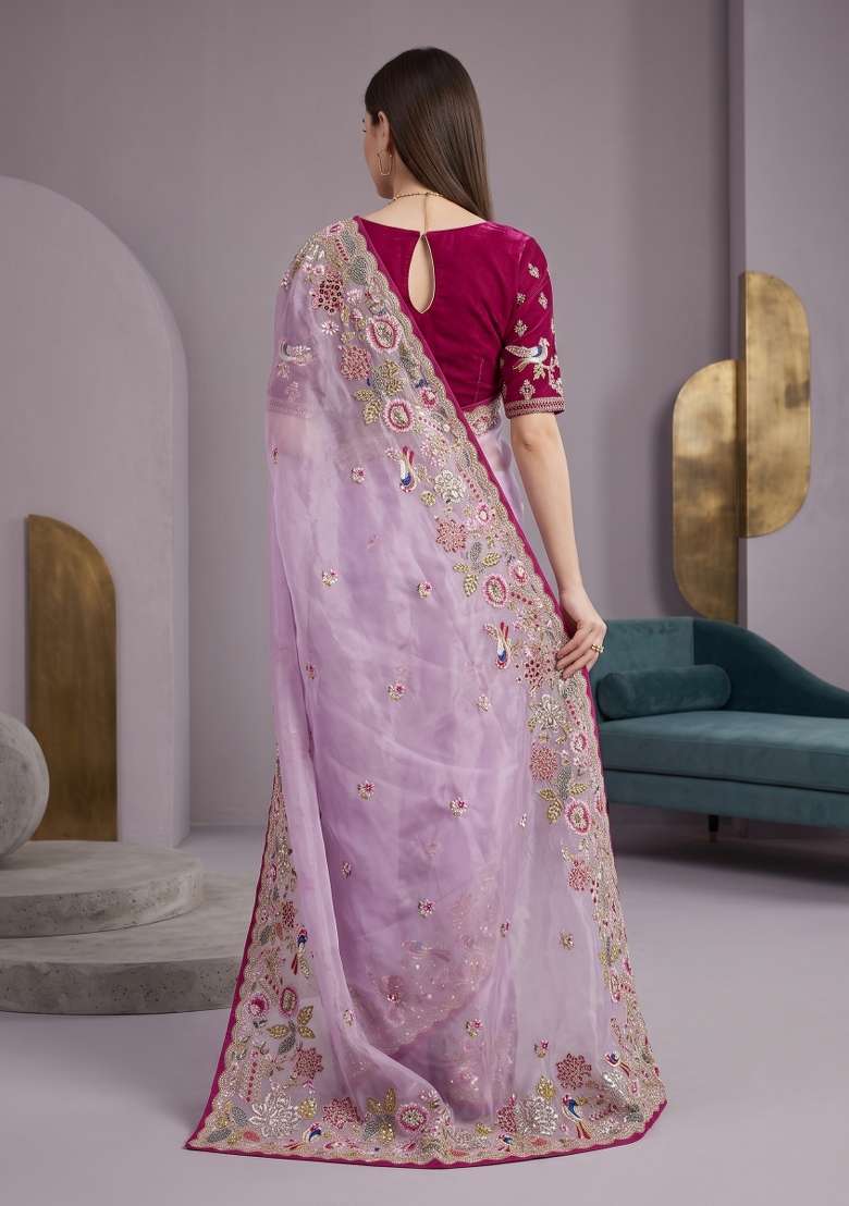 Lavender Floral Print Jimmy Choo Saree Set - Indya