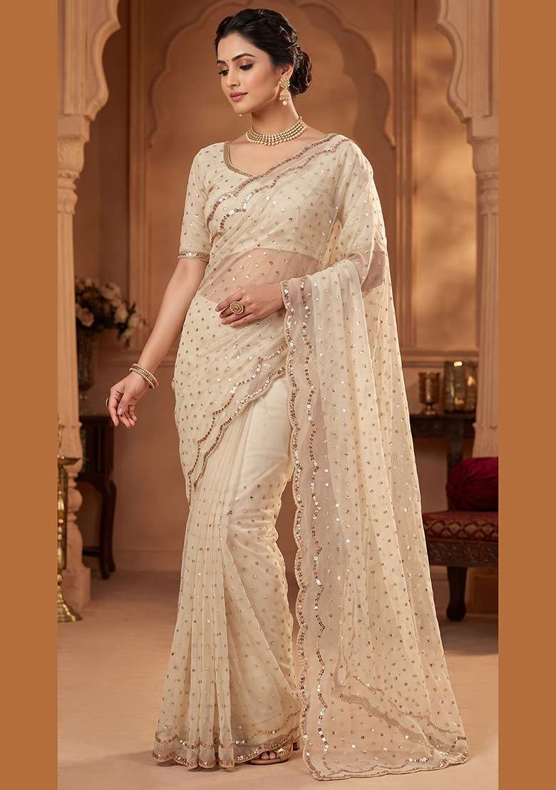 Ivory Butta Work Silk Saree Set - Indya
