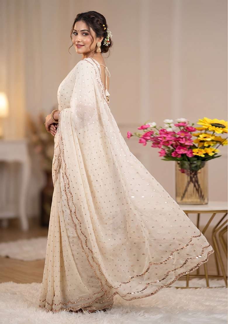 Ivory Butta Work Silk Saree Set - Indya