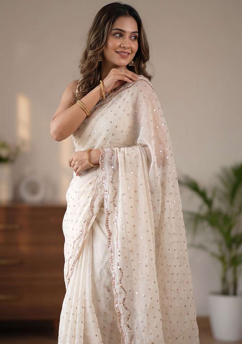 Ivory Butta Work Silk Saree Set - Indya