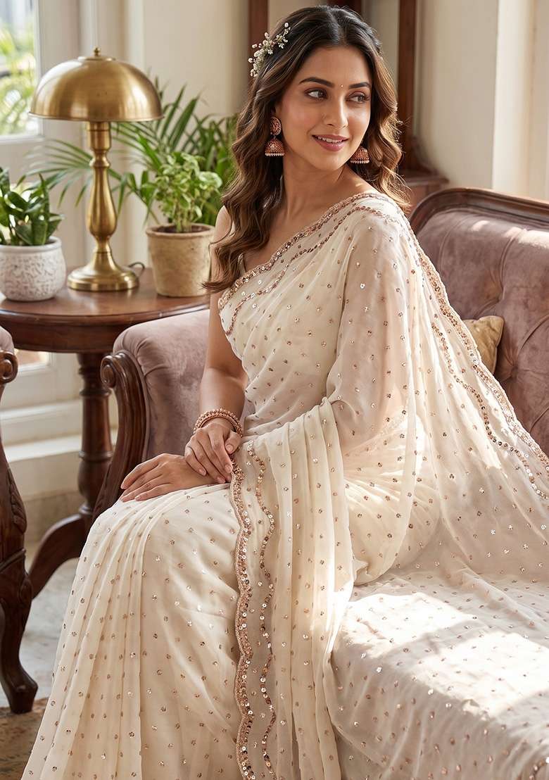 Ivory Butta Work Silk Saree Set - Indya