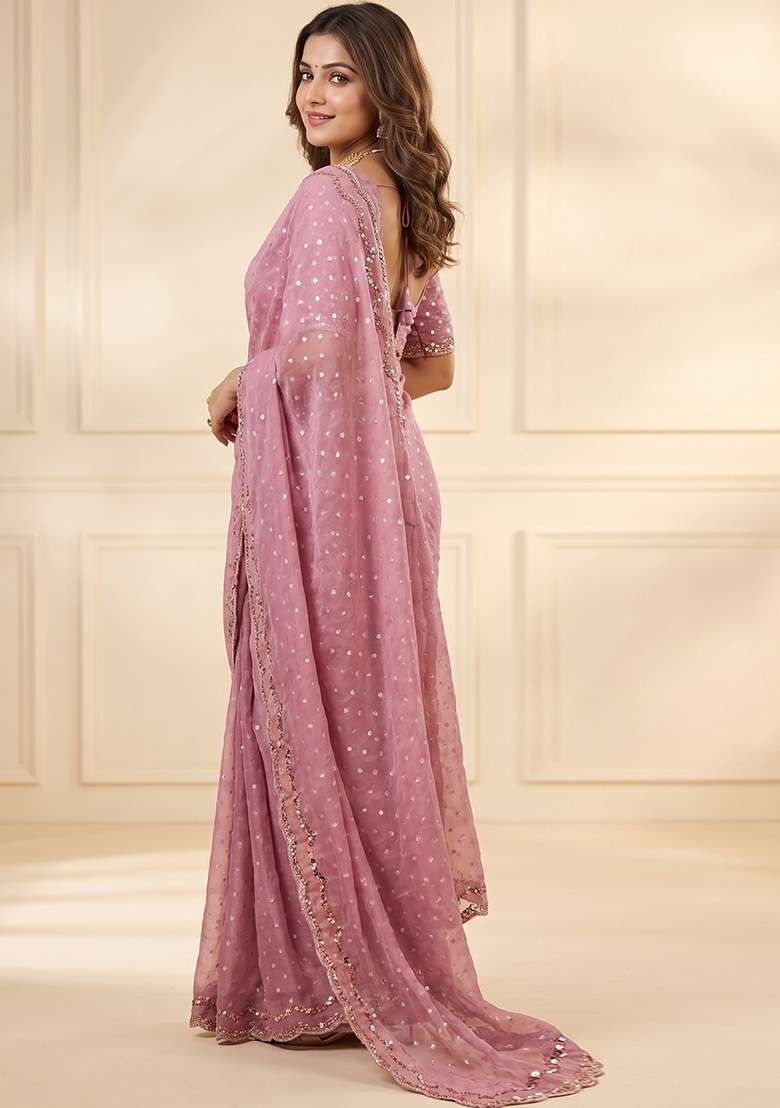 Lavender Pink Butta Work Silk Saree Set - Indya