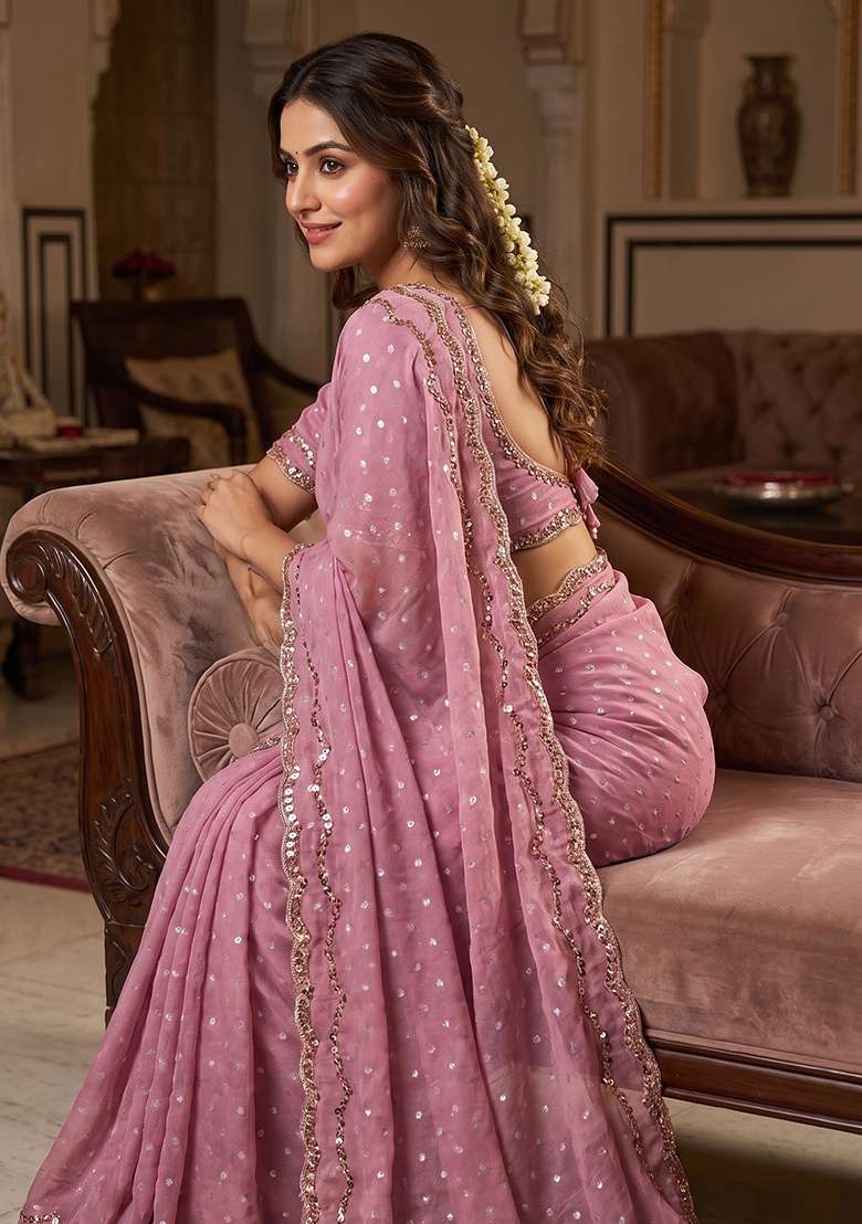 Lavender Pink Butta Work Silk Saree Set - Indya