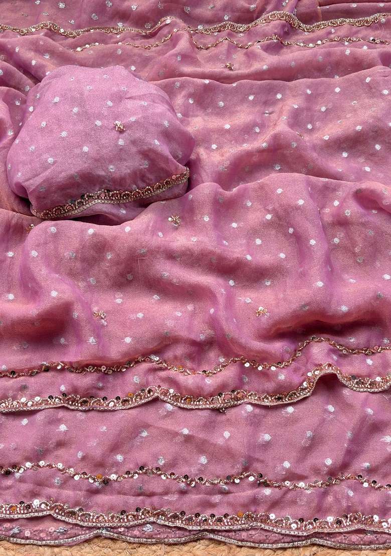 Lavender Pink Butta Work Silk Saree Set - Indya