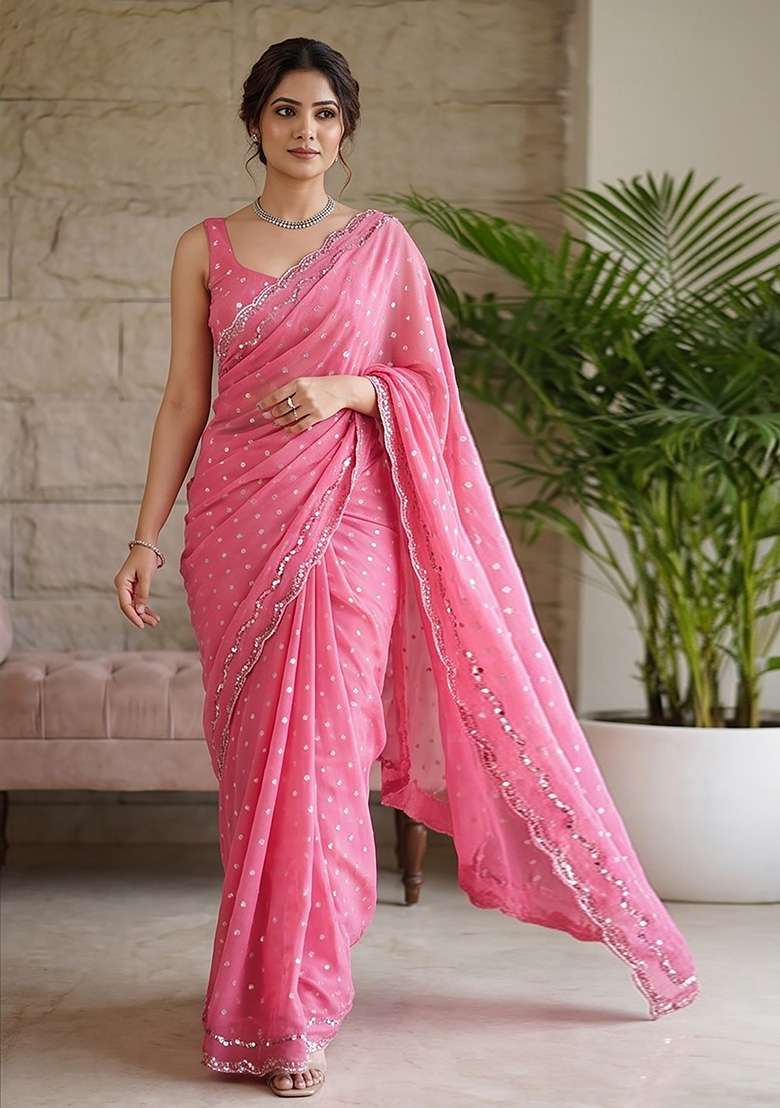 Pink Butta Work Silk Saree Set - Indya
